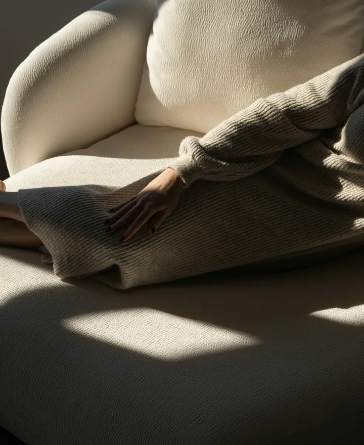Soft knit blanket draped over a cozy armchair in warm afternoon light